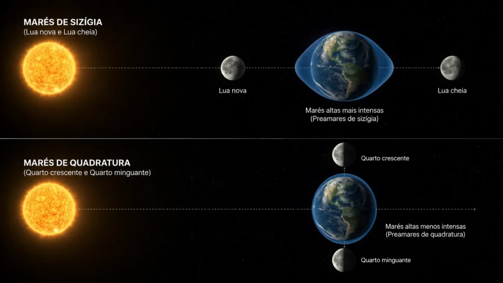 Diagrama das marés de sizígia e quadratura mostrando o alinhamento do Sol, da Lua e da Terra. Qual a melhor lua para pescar