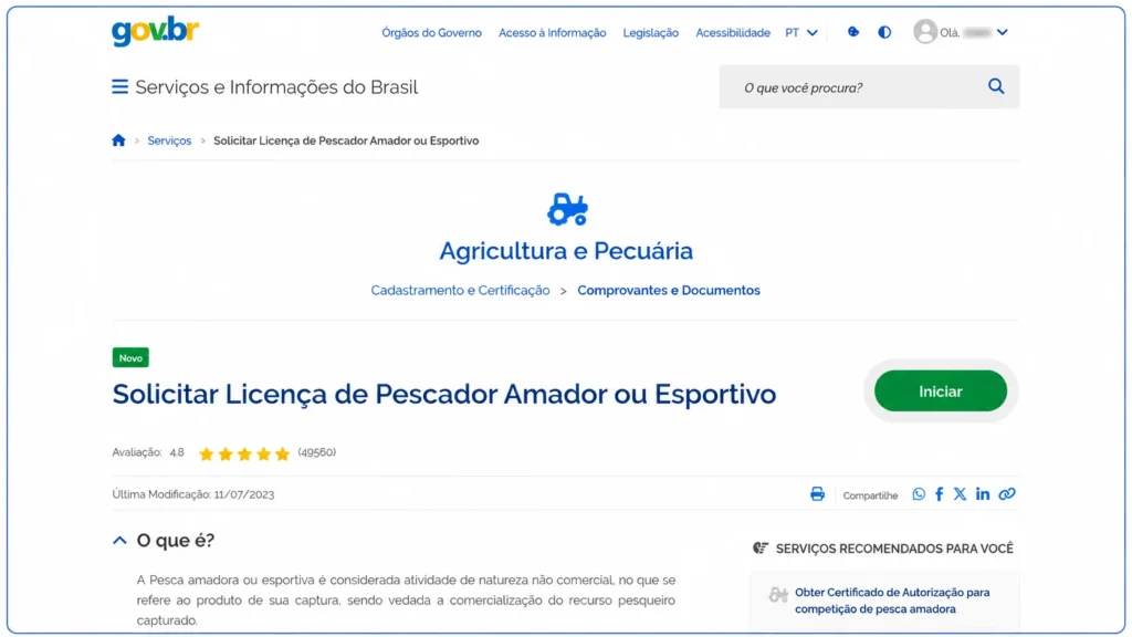 Tela do portal gov.br para solicitar a carteira de pesca amadora ou esportiva