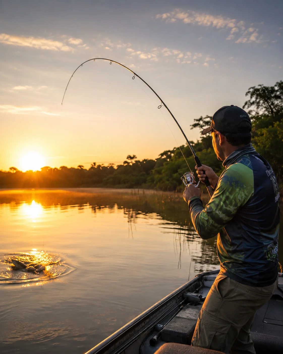Pescador segurando uma vara curvada durante a briga com um peixe em uma represa de água doce ao amanhecer