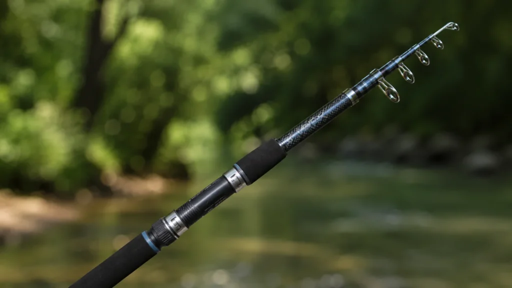 Detalhe da ponteira e dos passadores de uma vara de pesca de fibra de carbono
