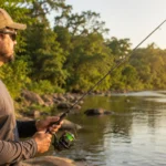 Pescador segurando vara de pesca com molinete às margens de um rio de água doce