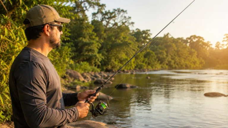 Pescador segurando vara de pesca com molinete às margens de um rio de água doce