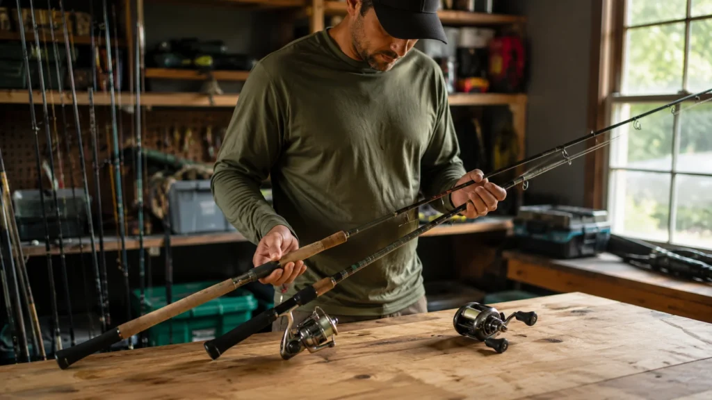 Pescador comparando modelos para decidir qual a melhor vara de pesca para pescaria em lago