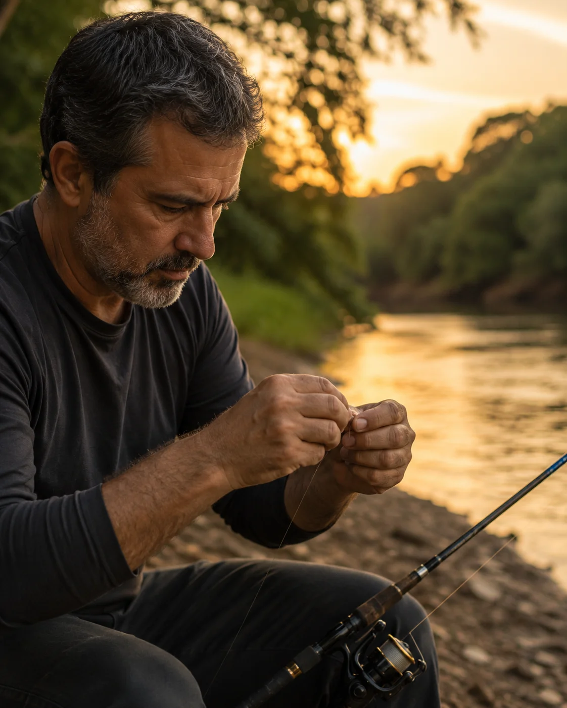 Pescador amarrando anzol na linha de pesca à beira de um rio de água doce