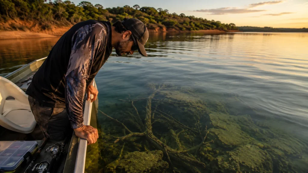 Pescador enxergando estrutura submersa na água doce graças ao óculos polarizado