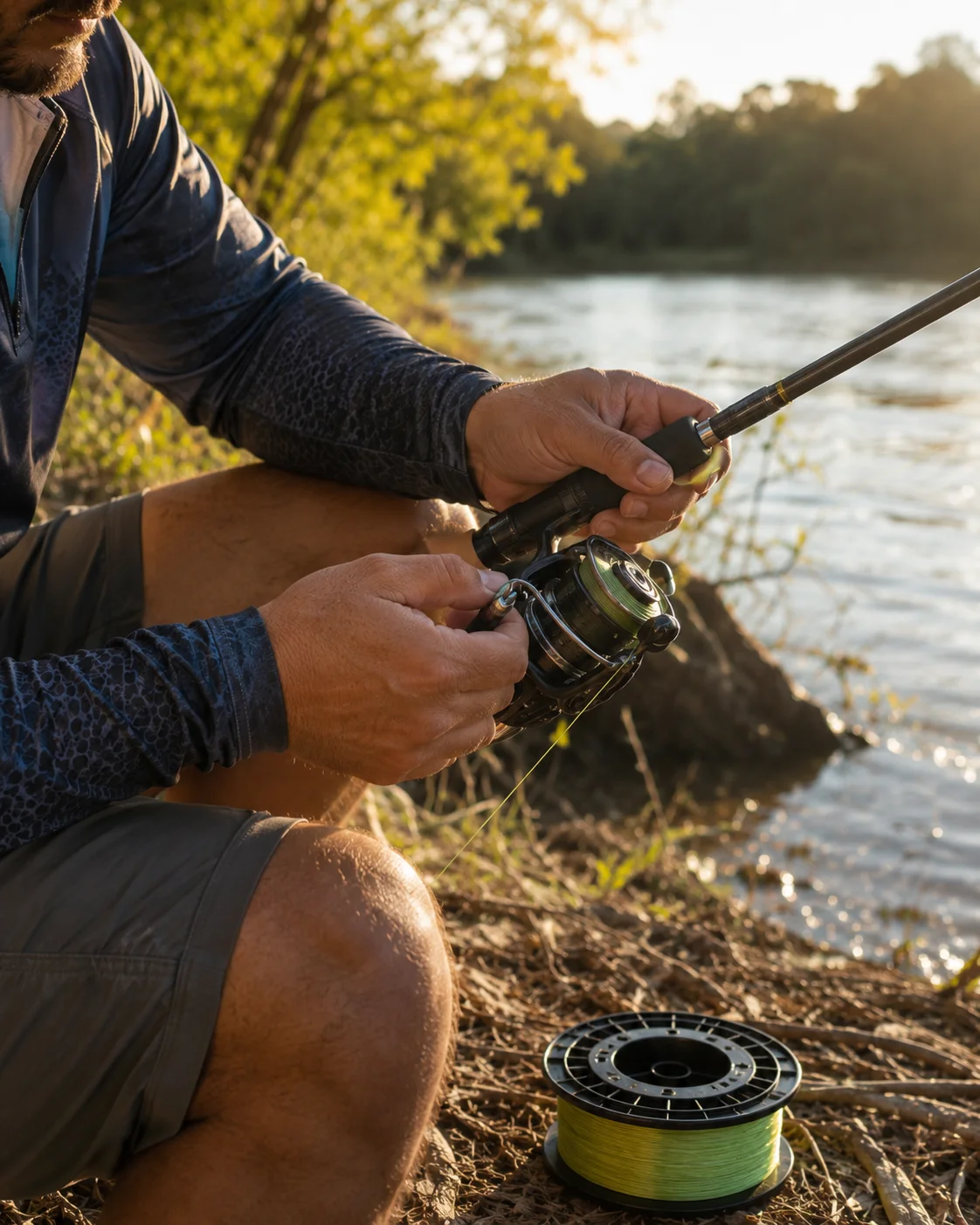 Pescador enchendo o carretel do molinete com linha nova às margens de um rio