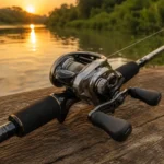 Carretilha de pesca com linha nova instalada na vara, à beira de rio de água doce