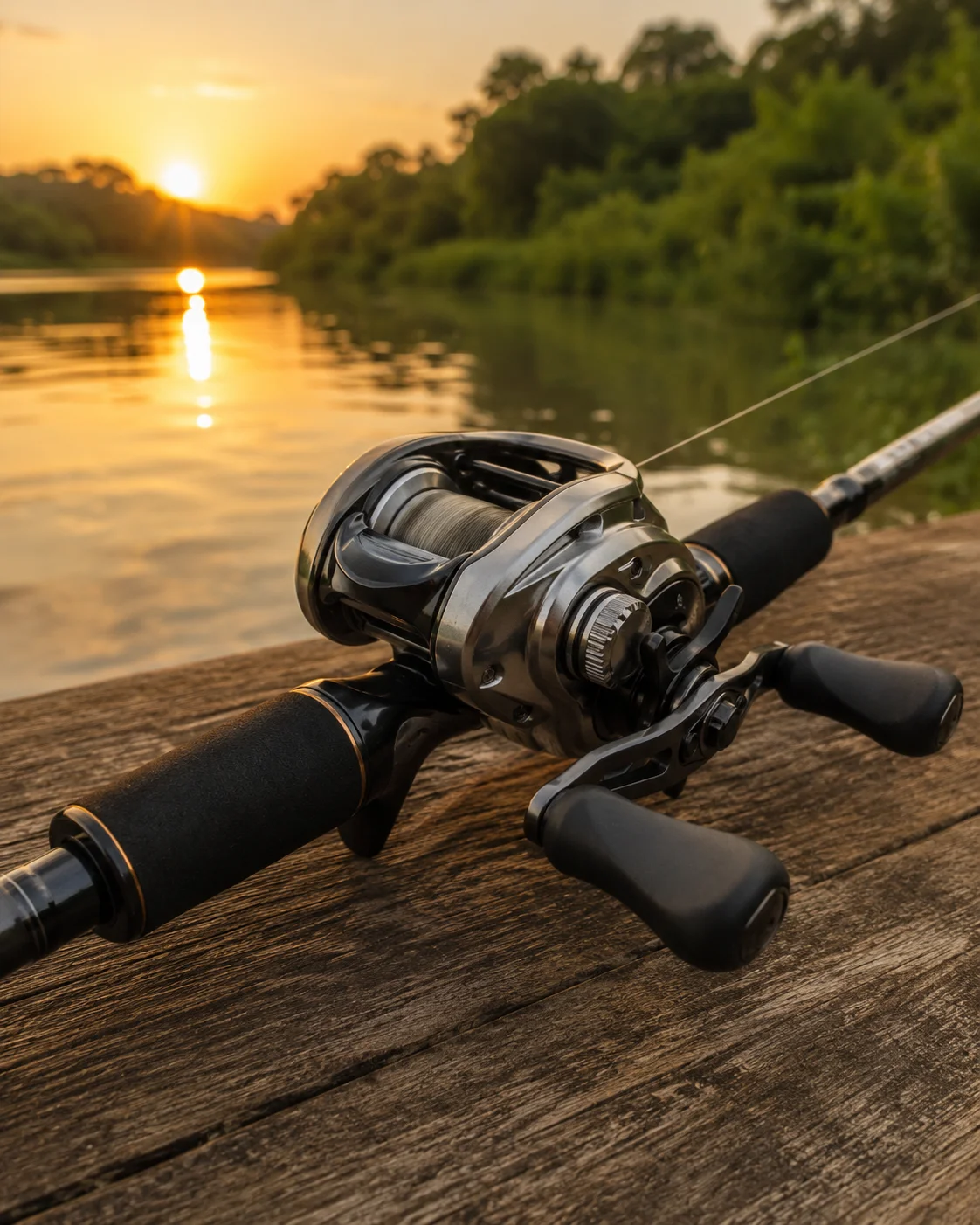 Carretilha de pesca com linha nova instalada na vara, à beira de rio de água doce