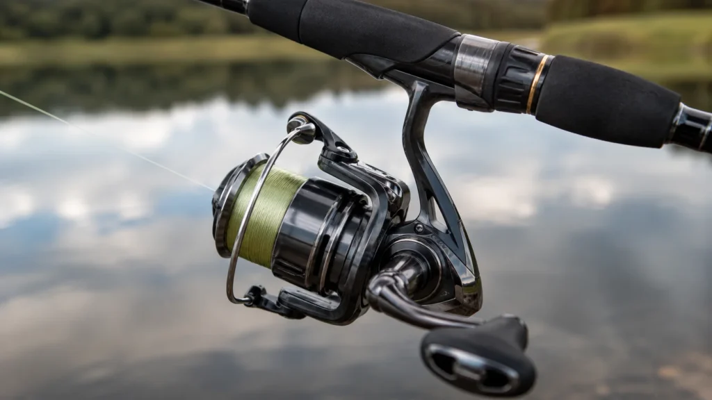 O que é molinete: peças visíveis de um molinete spinning apoiado numa vara de pesca