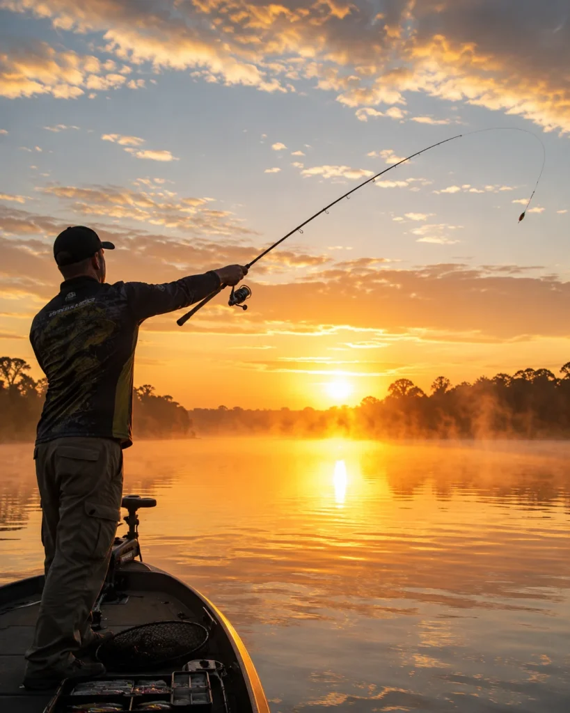 Pescador lançando a linha ao amanhecer, o melhor horário para pescar na maioria das pescarias