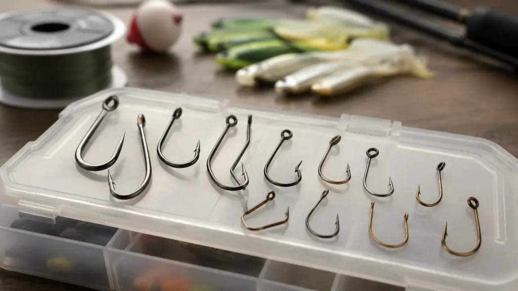 Anzóis com diferentes tipos de olhal usados na pesca de água doce