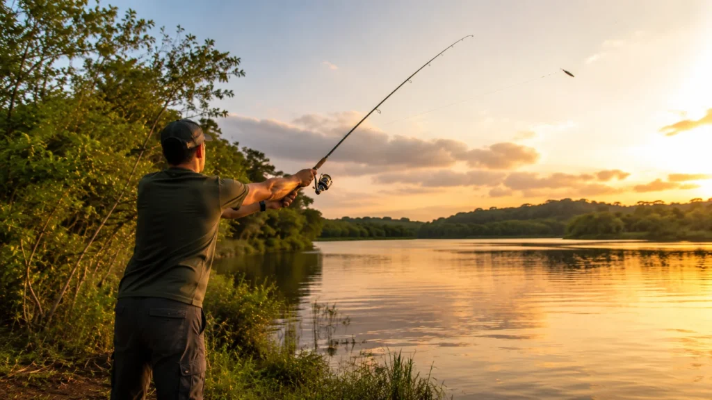 Pescador testando o arremesso depois de colocar linha no molinete