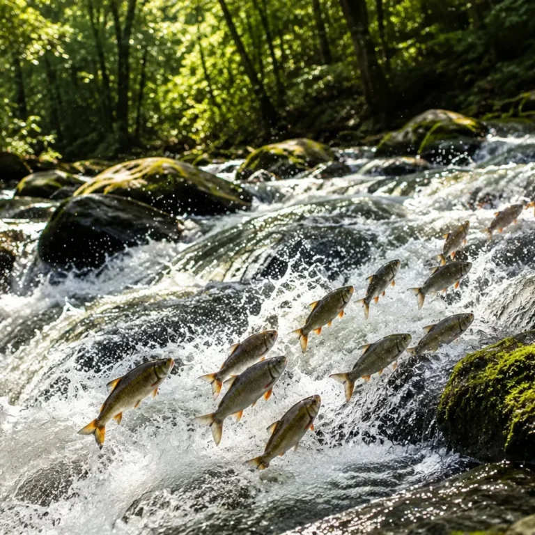 Cardume de peixes pulando contra a correnteza em um rio de pedras durante o período da piracema
