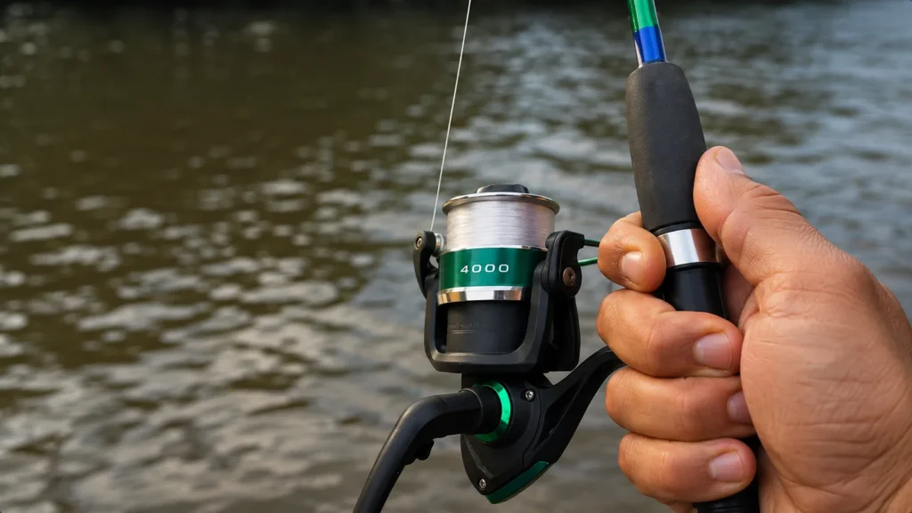 Pescador segurando vara de pesca com molinete numeração 4000 na margem de um rio de água doce