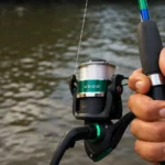 Pescador segurando vara de pesca com molinete numeração 4000 na margem de um rio de água doce