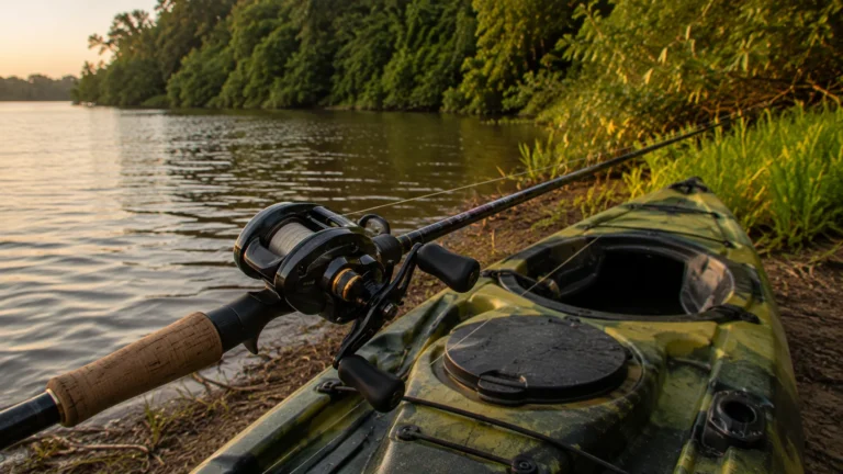 Carretilha de pesca perfil baixo montada em vara às margens de um rio de água doce
