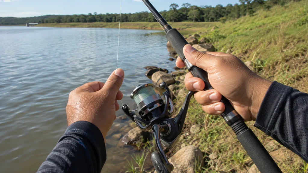 Como usar molinete de pesca: dedo travando a linha antes do arremesso