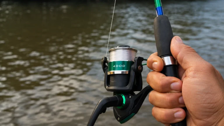 Pescador segurando vara de pesca com molinete numeração 4000 na margem de um rio de água doce