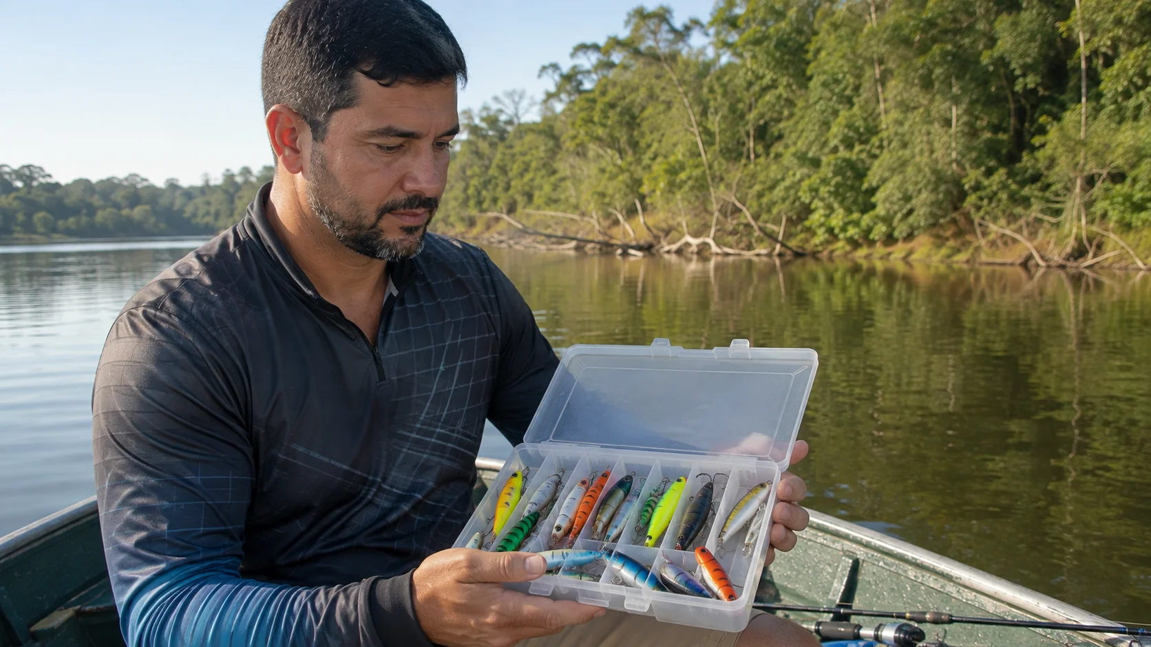 Pescador escolhendo isca artificial para tucunaré em caixa de pesca