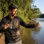 Pescador segurando molinete com linha de pesca na margem de um rio