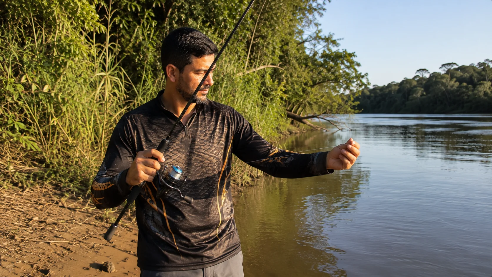 Pescador segurando molinete com linha de pesca na margem de um rio