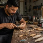 Pescador brasileiro esculpindo isca artificial de madeira em bancada de garagem