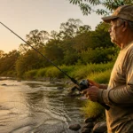Pescador segurando vara de pesca com carretilha às margens de um rio de água doce