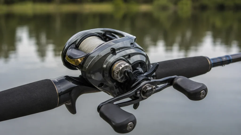 O que é carretilha: peças visíveis de uma carretilha perfil baixo apoiada numa vara de pesca