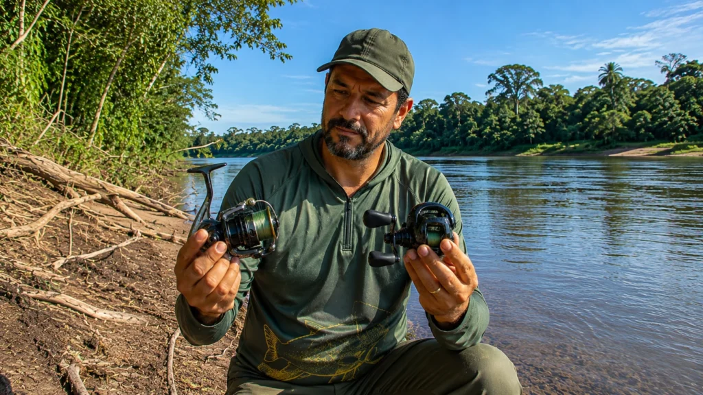 Pescador comparando molinete e carretilha para entender qual a diferença entre carretilha e molinete