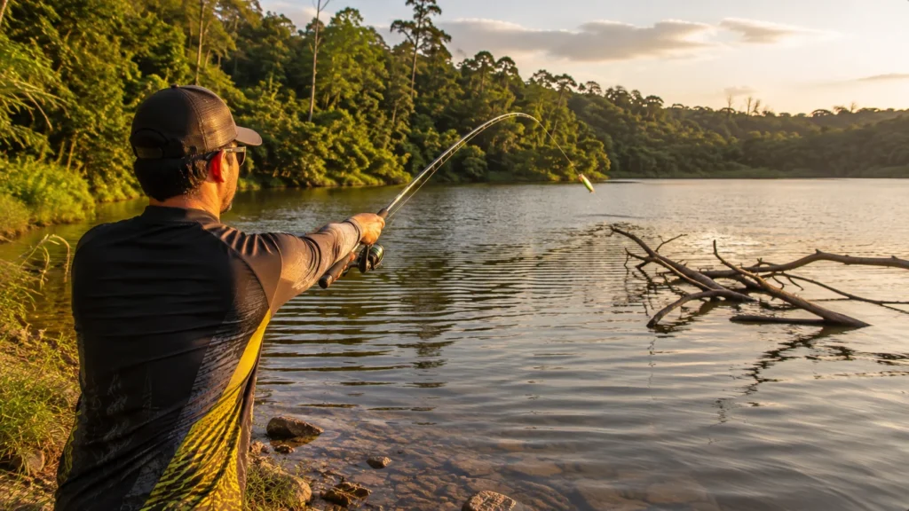 Como pescar tucunaré: pescador lançando isca de superfície perto de um tronco em represa