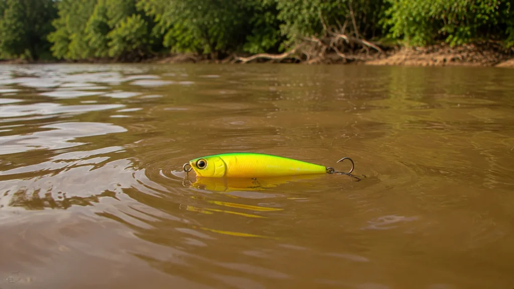 Isca artificial de cor viva testada em água turva de represa