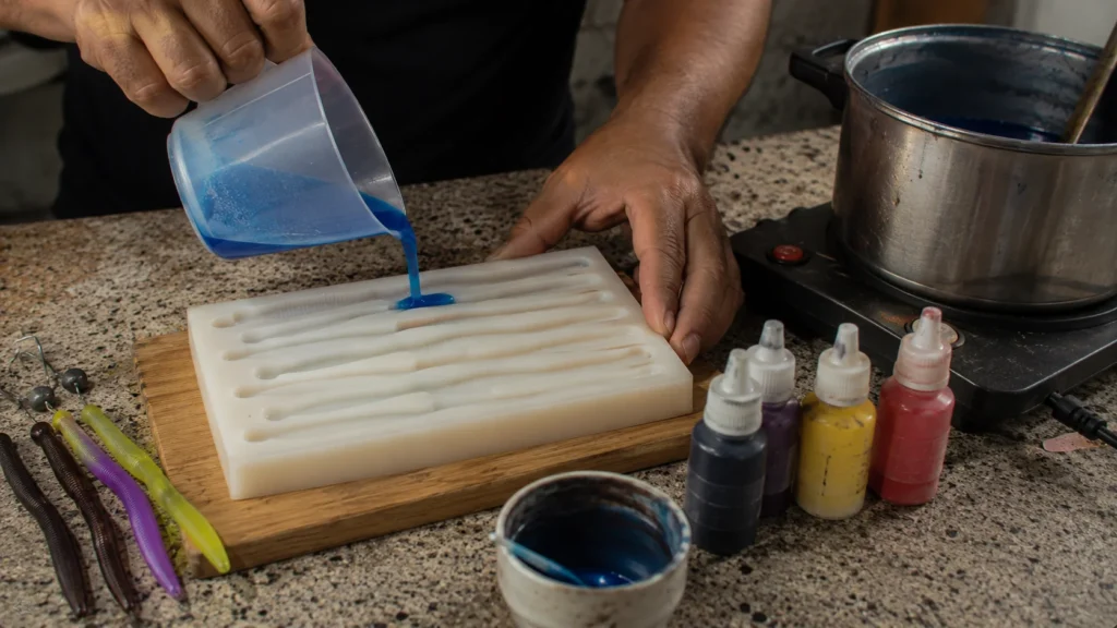 Plastisol derretido sendo despejado em molde de silicone para isca artificial