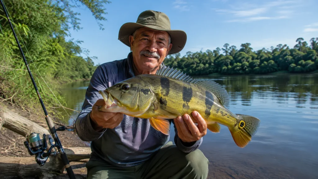 Pescador segurando um tucunaré grande fisgado com molinete numeração 4000