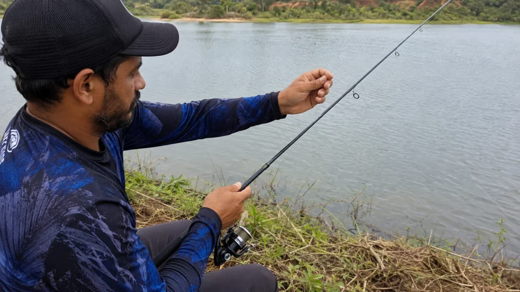 Pescador passando a linha pelas anilhas da vara durante a montagem do molinete
