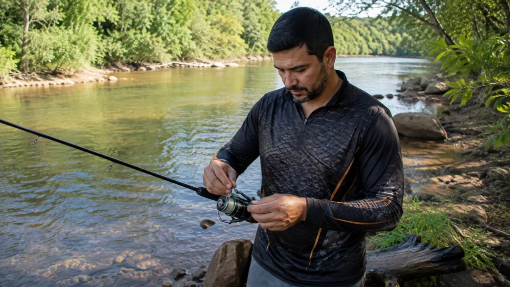 Pescador ajustando o carretel do molinete às margens de um rio de água clara