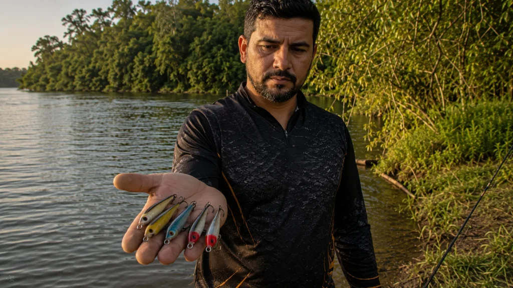 Iscas artificiais caseiras prontas na mão de um pescador à beira de rio de água doce