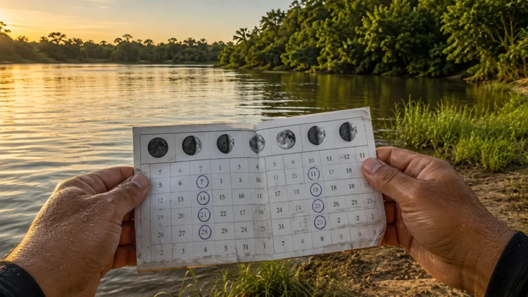 Calendário de pesca 2026 impresso nas mãos de um pescador na margem de um rio ao entardecer