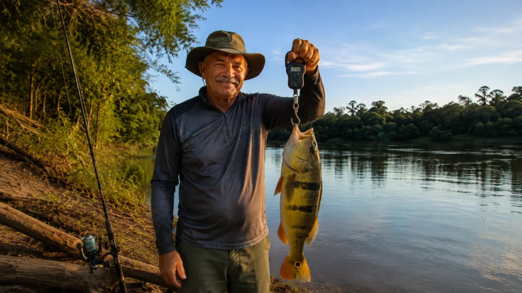 Balança digital pesando o peixe para comparar com a capacidade do molinete