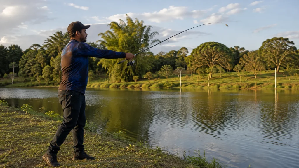 Pescador testando o primeiro arremesso depois de montar a vara com o molinete