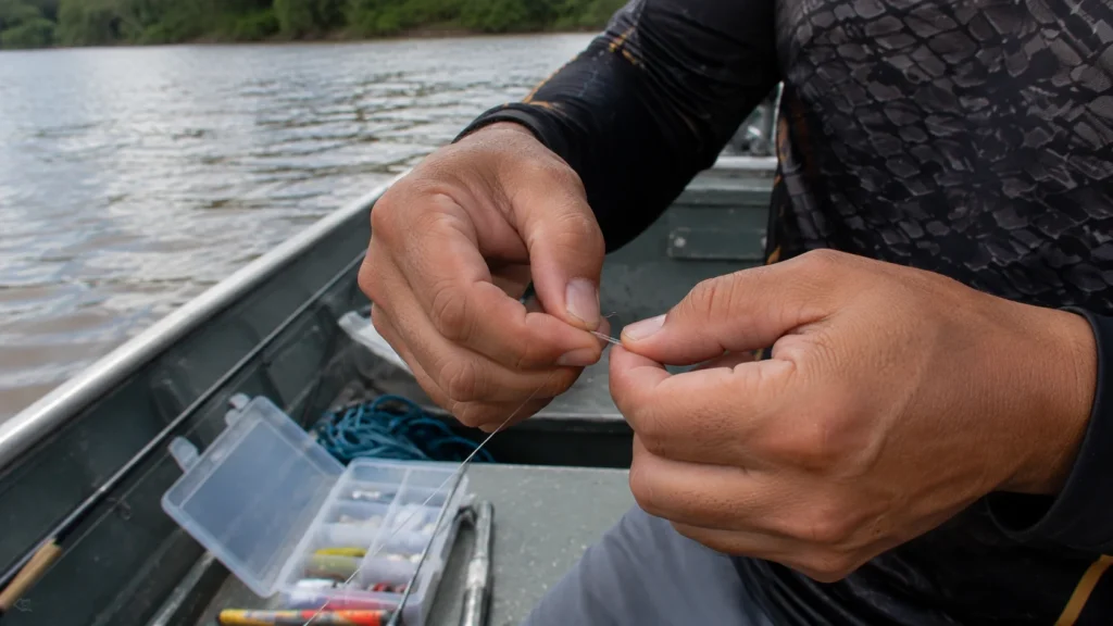 Mãos amarrando terminal de linha fluorocarbono em anzol de pesca
