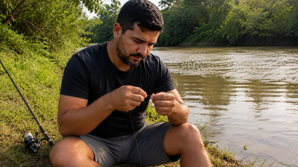 Pescador brasileiro emendando duas pontas de linha de pesca com as mãos