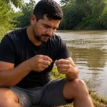 Pescador brasileiro emendando duas pontas de linha de pesca com as mãos