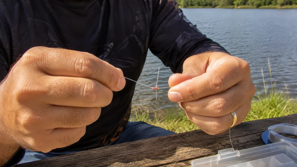 Como emendar linha de pesca: mãos dando o nó de sangue em duas linhas