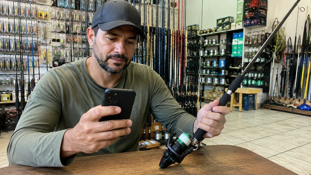 Onde comprar vara de pesca: pescador comparando preços de vara em loja especializada