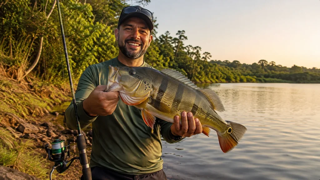 Pescador segurando um tucunaré grande recém fisgado às margens de uma represa de água doce