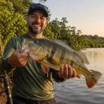 Pescador segurando um tucunaré grande recém fisgado às margens de uma represa de água doce