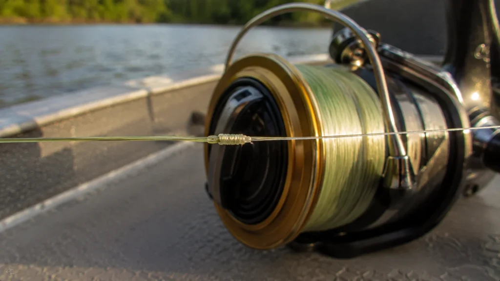 Nó duplo uni apertado unindo linha multifilamento e fluorocarbono