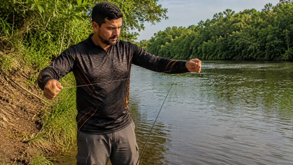 Pescador testando a resistência do nó de emenda antes de arremessar