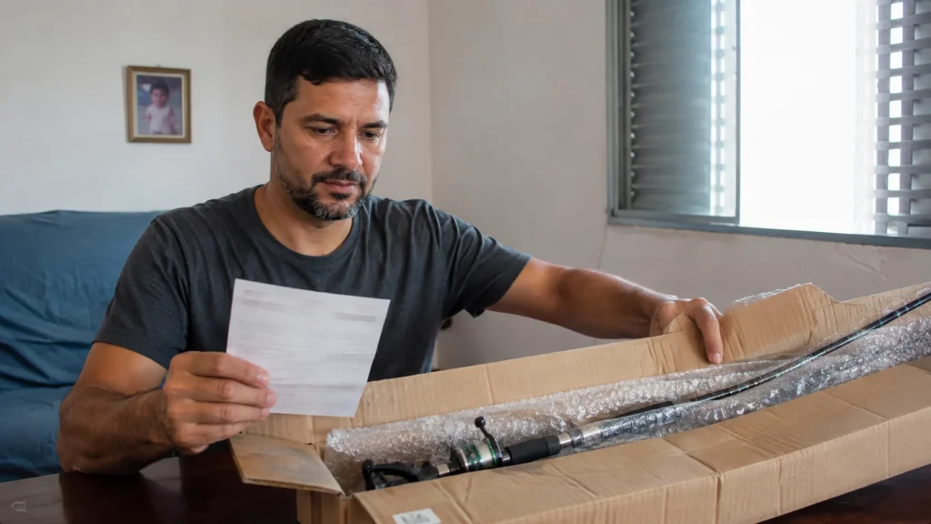 Pescador conferindo a nota fiscal ao receber uma vara de pesca comprada pela internet