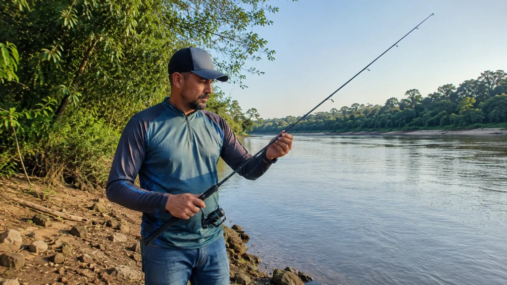 Pescador testando a vara de pesca nova recém comprada às margens de um rio de água doce